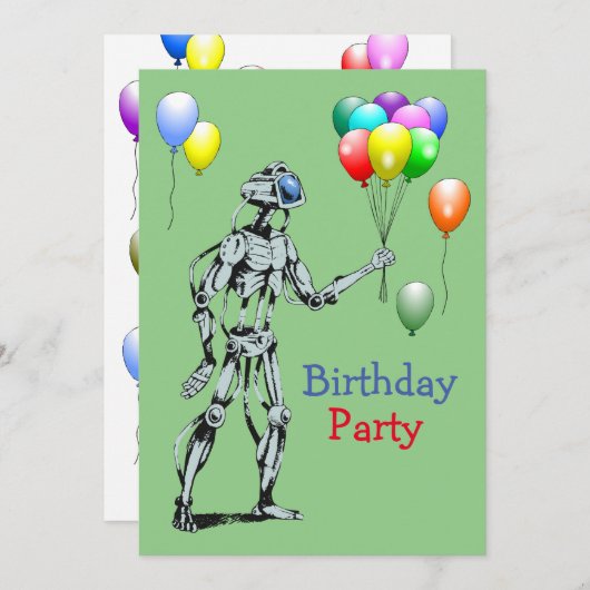 Robot avec ballons Invitation d'anniversaire (Devant / Derrière)
