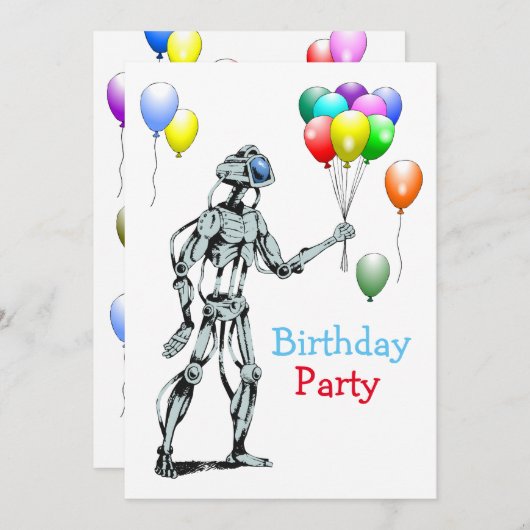 Robot avec ballons Invitation d'anniversaire (Devant / Derrière)