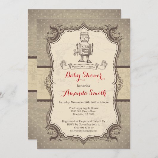 Robot Baby shower Uitnodiging  Retro (Voorkant / Achterkant)