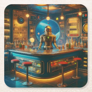 Robot Bartender in Interstellaire Space Age Dive B Vierkante Kartonnen Onderzetter