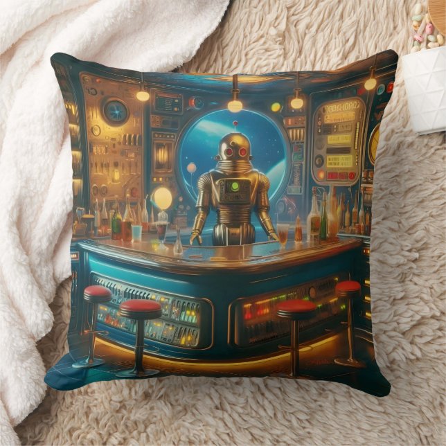 Robot Bartender in Interstellar Space Age Dive Bar Kussen (Deken)