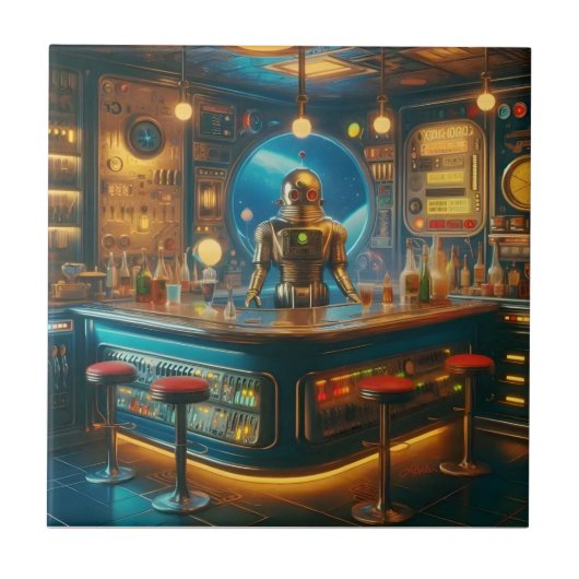 Robot Bartender in Interstellar Space Age Dive Bar Tegeltje (Voorkant)