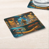 Robot Bartender in Interstellar Space Age Dive Bar Vierkante Kartonnen Onderzetter (Schuin)