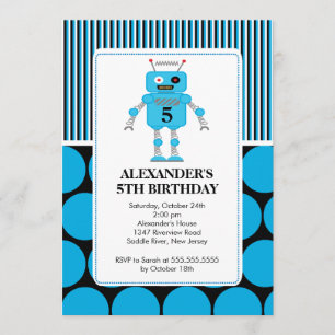 Robot Birthday Party Invitation Blue / Black Kaart