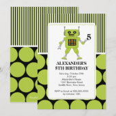 Robot Birthday Party Invitation Limoen/ Black Kaart (Voorkant / Achterkant)