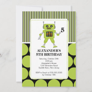 Robot Birthday Party Invitation Limoen/ Black Kaart