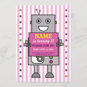 ROBOT Birthday Party roze Stripe Girls Invitation Kaart