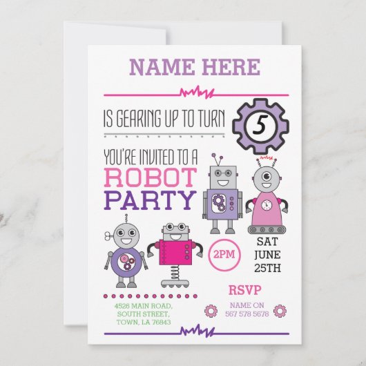 ROBOT Birthday Party roze tandwielen Cogs Robots I Kaart (Voorkant)