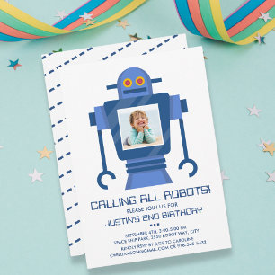 Robot Birthday Party Theme Boy Fotouitnodiging Kaart