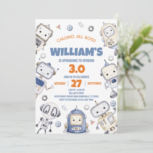 Robot Birthday Uitnodiging (Staand voorkant)