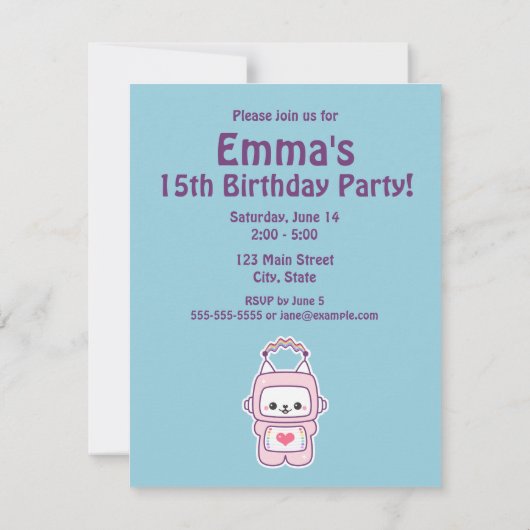 Robot de chat rose mignonne Invitations de fête d' (Dos)