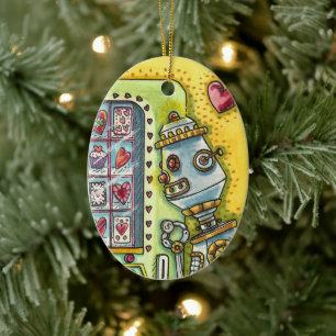 ROBOT DIE OP VERLIES KIJKT, HARTVERKEERMACHINESCUT KERAMISCH ORNAMENT