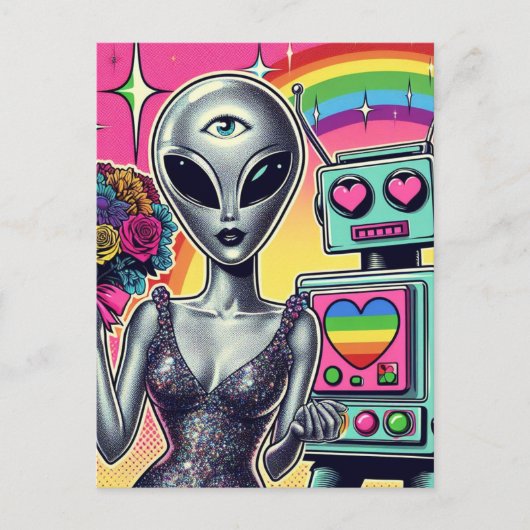 Robot en Alien in liefde Briefkaart (Voorkant)