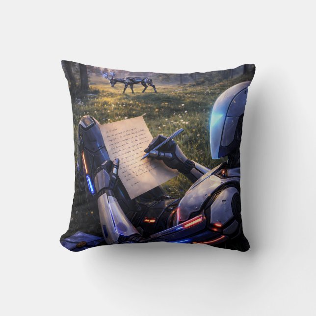 Robot Futuriste Écrivant Lettre Forestière Coussin (Recto)