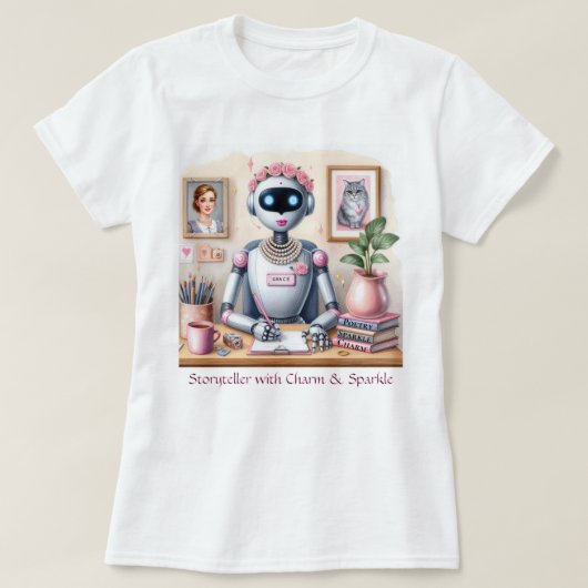 Robot Grace Storyteller Poëzie Charm Sparkle Pink T-shirt (Design voorkant)