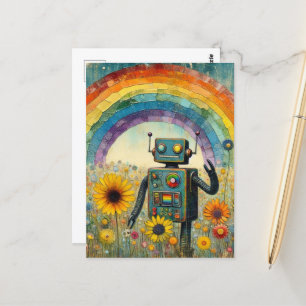 Robot in een bloemenweide met een regenboog encaus briefkaart