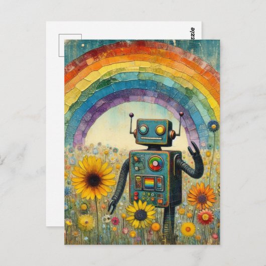 Robot in een bloemenweide met een regenboog encaus briefkaart (Voorkant / Achterkant)