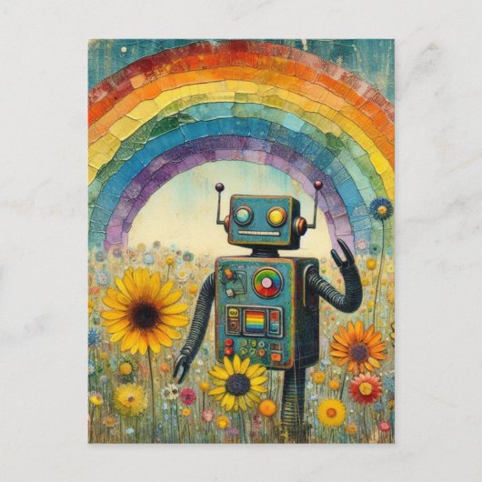 Robot in een bloemenweide met een regenboog encaus briefkaart (Voorkant)