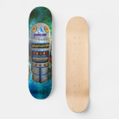 Robot in  Retro Blauw Groen Galaxy Cool Schattige Skateboard (Voorkant)