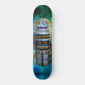 Robot in  Retro Blauw Groen Galaxy Cool Schattige Skateboard (Voorkant)