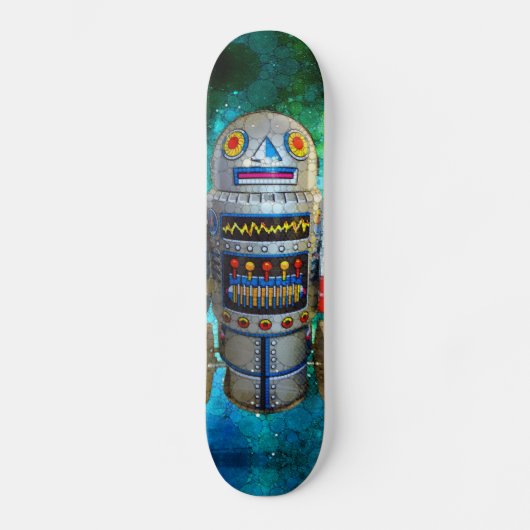 Robot in  Retro Blauw Groen Galaxy Cool Schattige Skateboard (Voorkant)