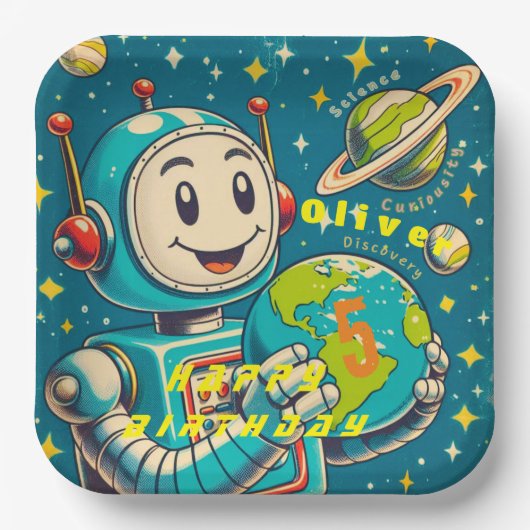  robot in ruimtewetenschap nieuwsgierigheid papieren bordje (Voorkant)