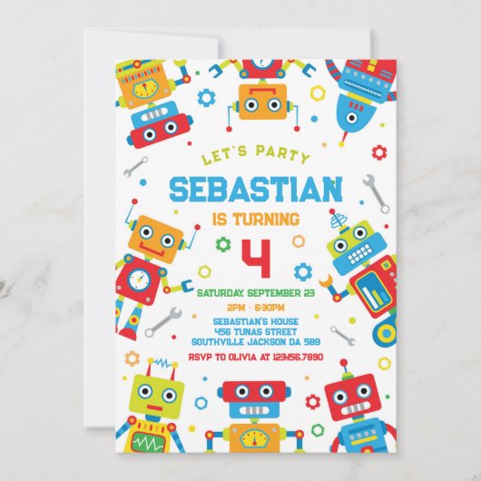 Robot Kids Birthday Invitation (Devant)