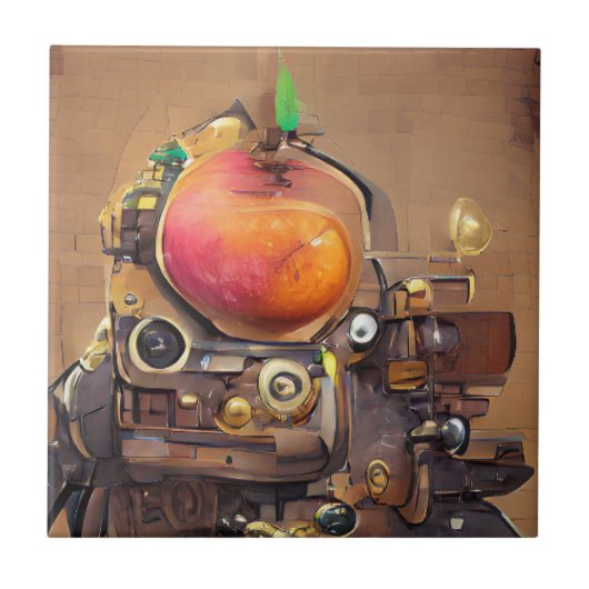 Robot mango hoofdsteampunk digitale kunst tegeltje (Voorkant)