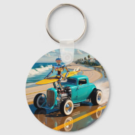 robot met surfplank, op het strand sleutelhanger