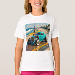 robot met surfplank, op het strand t-shirt