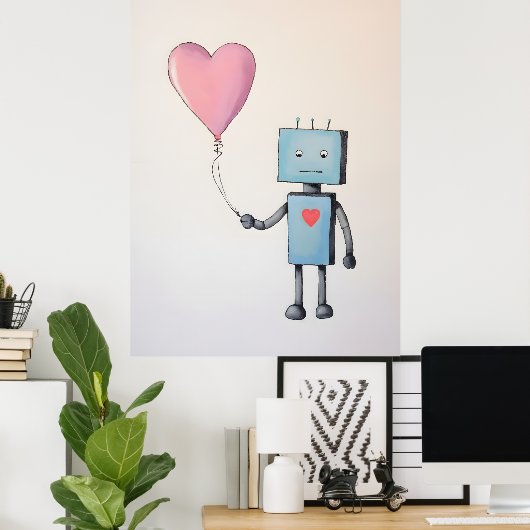 Robot mignon avec le ballon du coeur Poster (Bureau à domicile)