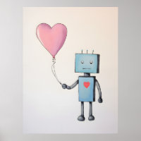 Robot mignon avec le ballon du coeur Poster