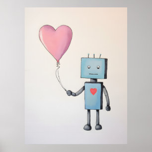 Robot mignon avec le ballon du coeur Poster