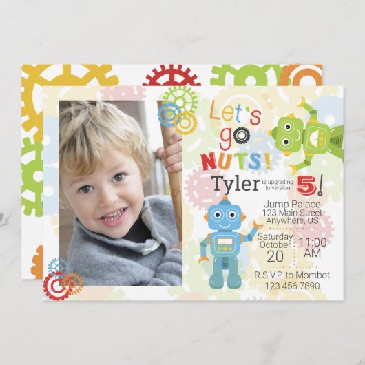 Robot Photo Invitations Anniversaire Robot Party (Devant / Derrière)