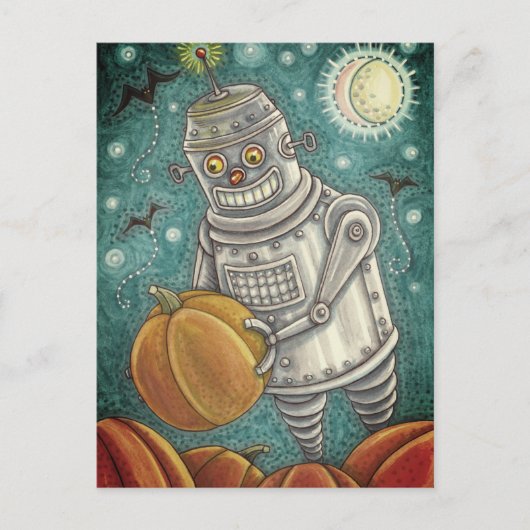 ROBOT PICKING PUMPKINS , HALLOEEN MECHANISCH MAN FEESTDAGENKAART (Voorkant)