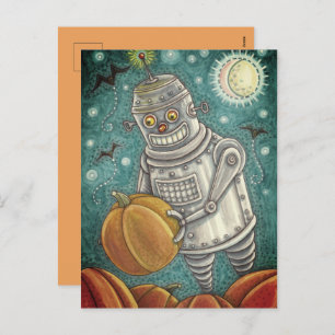 ROBOT PICKING PUMPKINS , HALLOEEN MECHANISCH MAN FEESTDAGENKAART