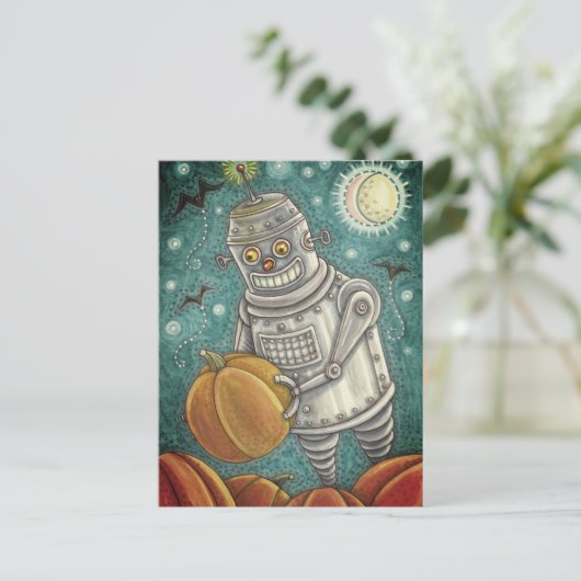 ROBOT PICKING PUMPKINS , HALLOEEN MECHANISCH MAN FEESTDAGENKAART (Staand voorkant)