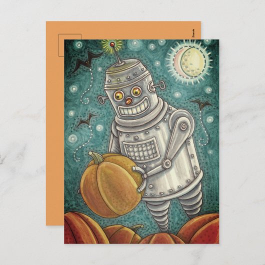 ROBOT PICKING PUMPKINS , HALLOEEN MECHANISCH MAN FEESTDAGENKAART (Voorkant / Achterkant)