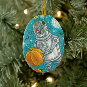 ROBOT PICKING PUMPKINS , HALLOEEN MECHANISCH MAN KERAMISCH ORNAMENT