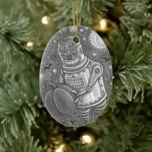 ROBOT PICKING PUMPKINS , HALLOEEN MECHANISCH MAN KERAMISCH ORNAMENT