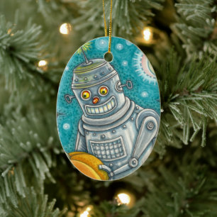 ROBOT PICKING PUMPKINS , HALLOEEN MECHANISCH MAN KERAMISCH ORNAMENT