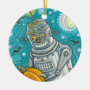 ROBOT PICKING PUMPKINS , HALLOEEN MECHANISCH MAN KERAMISCH ORNAMENT
