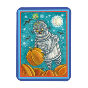 ROBOT PICKING PUMPKINS , HALLOEEN MECHANISCH MAN MAGNEET