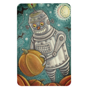ROBOT PICKING PUMPKINS , HALLOEEN MECHANISCH MAN MAGNEET