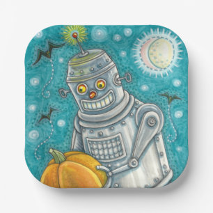 ROBOT PICKING PUMPKINS , HALLOEEN MECHANISCH MAN PAPIEREN BORDJE