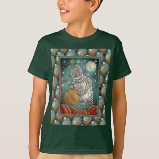 ROBOT PICKING PUMPKINS , HALLOEEN MECHANISCH MAN T-SHIRT (Voorkant)