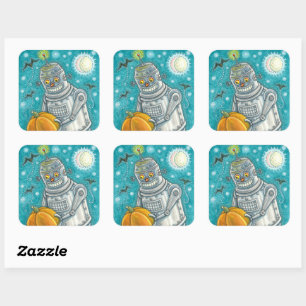 ROBOT PICKING PUMPKINS , HALLOEEN MECHANISCH MAN VIERKANTE STICKER