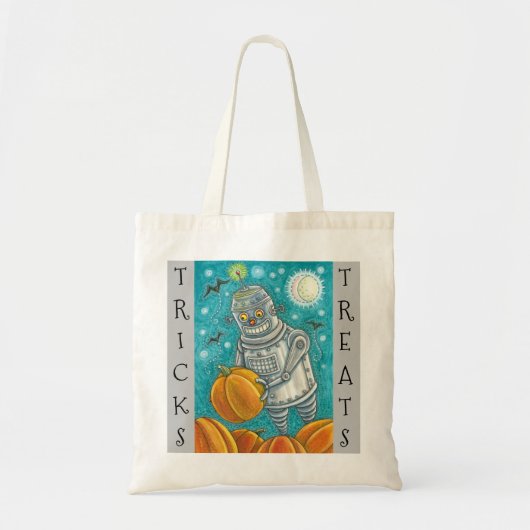 ROBOT PICKING PUMPKINS, HALLOEEN TRICK OR TREAT TOTE BAG (Voorkant)