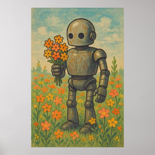 Robot Rétro Avec Fleurs Poster D'Art Mur (Devant)