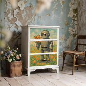 Robot Rétro Avec Fleurs Poster D'Art Mur